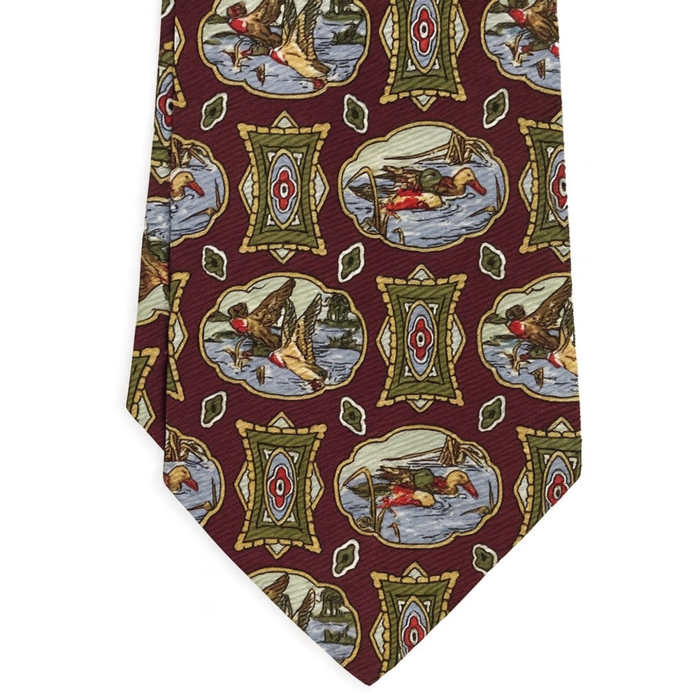 Vintage Sazzari Silk Tie Duck Hunting Print Handmade in Italy Burgundy Necktie